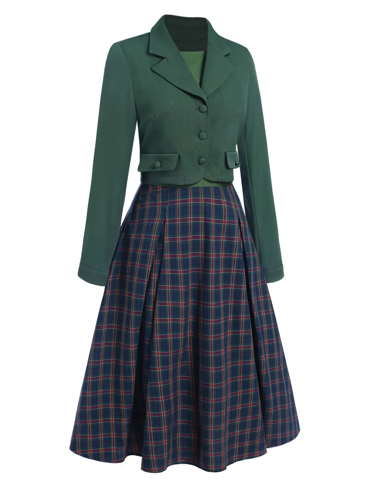 2PCS Green 1940s Lapel Button Blazer & Plaids Dress sold by Retro Stage product image thumbnail 3