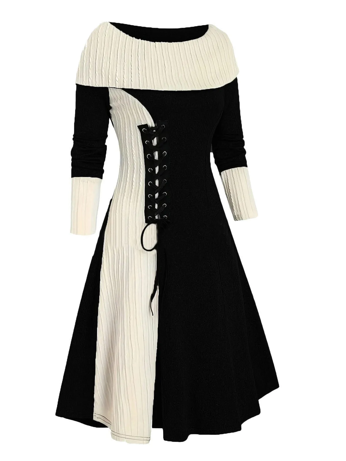 1940s Lace-Up Colorblock Off-Shoulder Dress sold by Retro Stage product image thumbnail 4