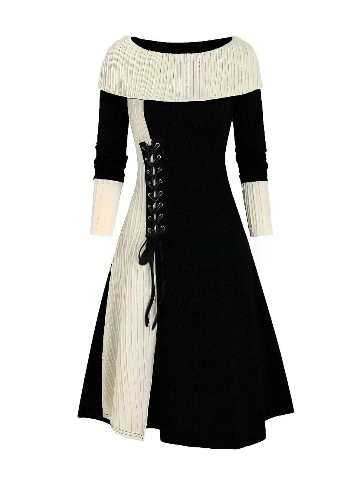 1940s Lace-Up Colorblock Off-Shoulder Dress sold by Retro Stage