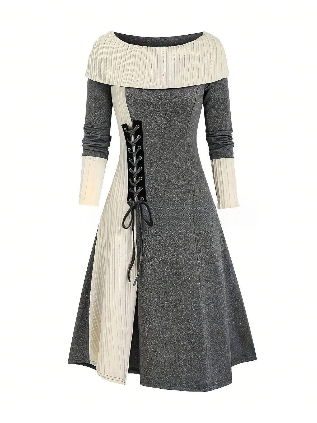 1940s Lace-Up Colorblock Off-Shoulder Dress sold by Retro Stage product image thumbnail 3