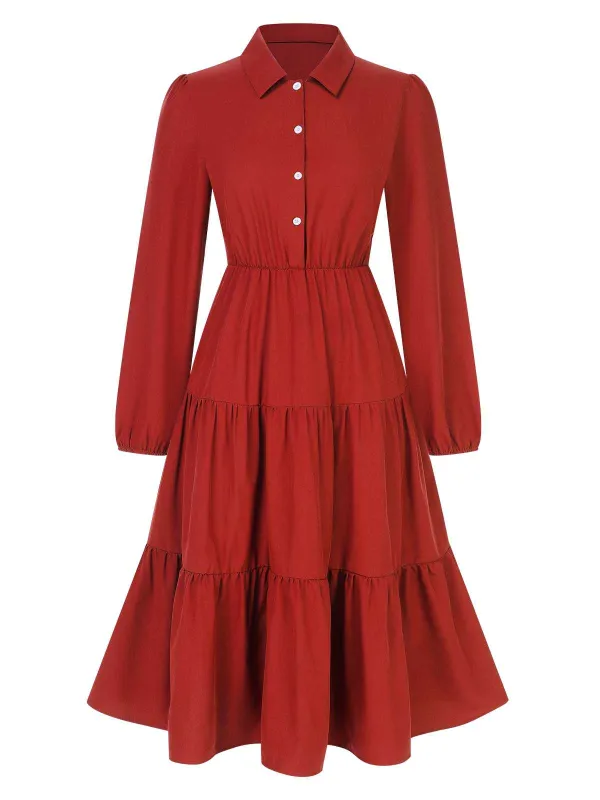 1950s Shirt Neck Tiered Solid Midi Dress sold by Retro Stage