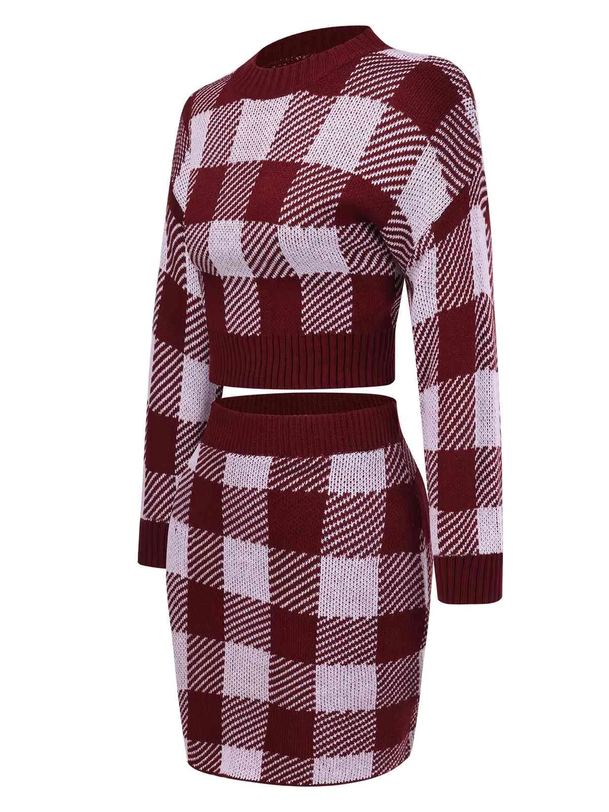 2PCS Wine Red 1960s Shepherd Plaid Knit Top & Skirt sold by Retro Stage product image thumbnail 2