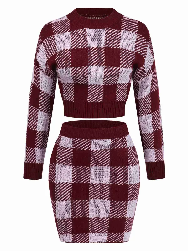 2PCS Wine Red 1960s Shepherd Plaid Knit Top & Skirt sold by Retro Stage