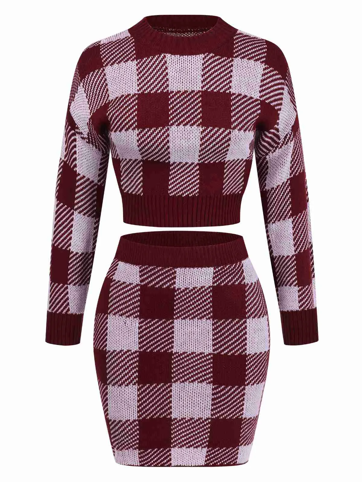2PCS Wine Red 1960s Shepherd Plaid Knit Top & Skirt sold by Retro Stage
