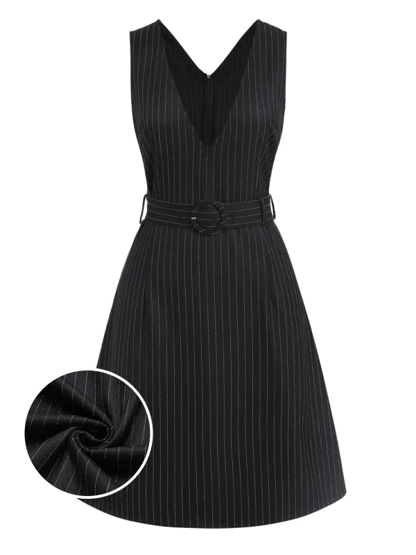 Black 1960s Striped V-Neck Belted Dress sold by Retro Stage