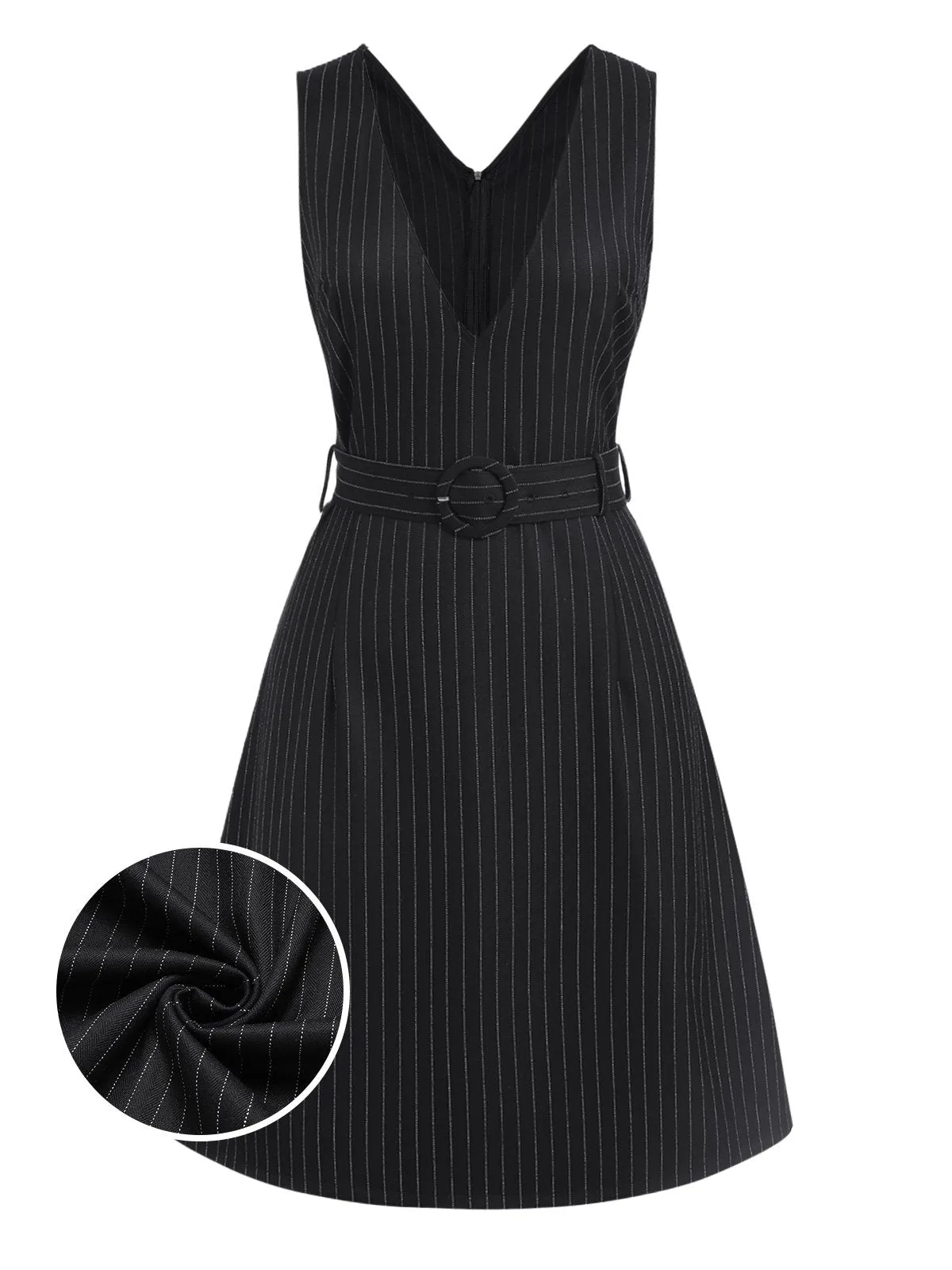 Black 1960s Striped V-Neck Belted Dress sold by Retro Stage