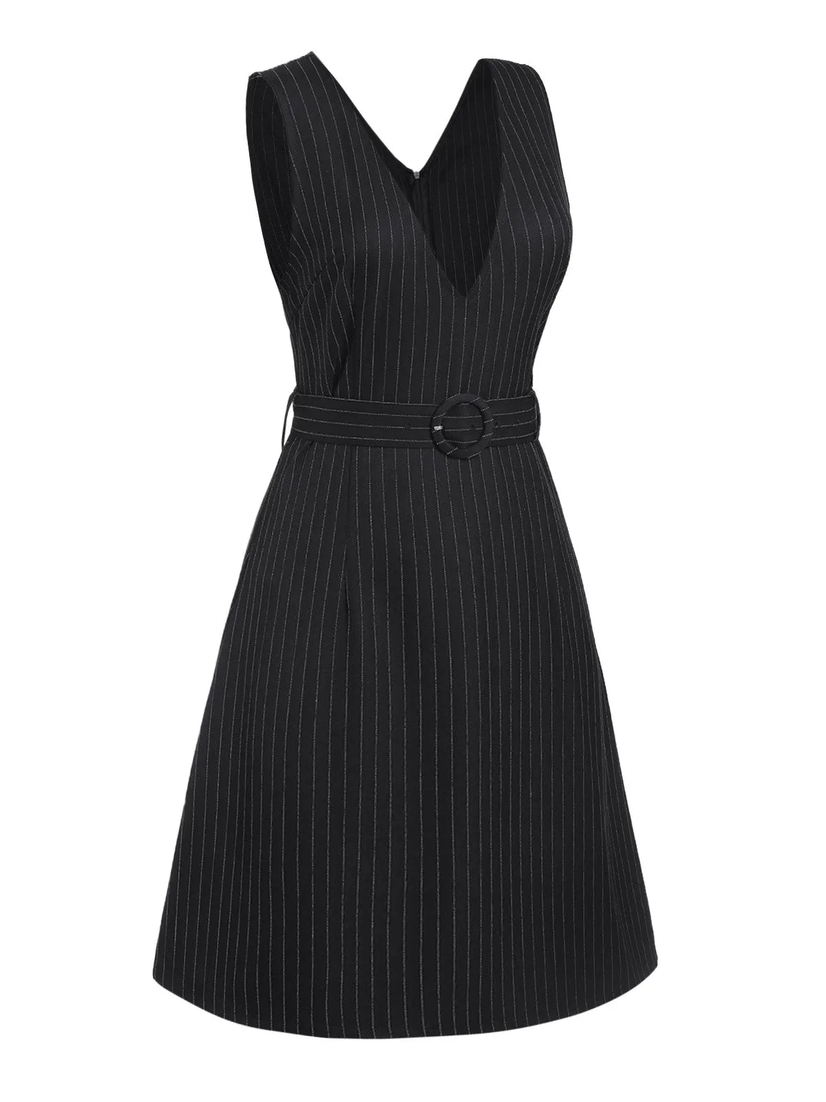 Black 1960s Striped V-Neck Belted Dress sold by Retro Stage product image thumbnail 3