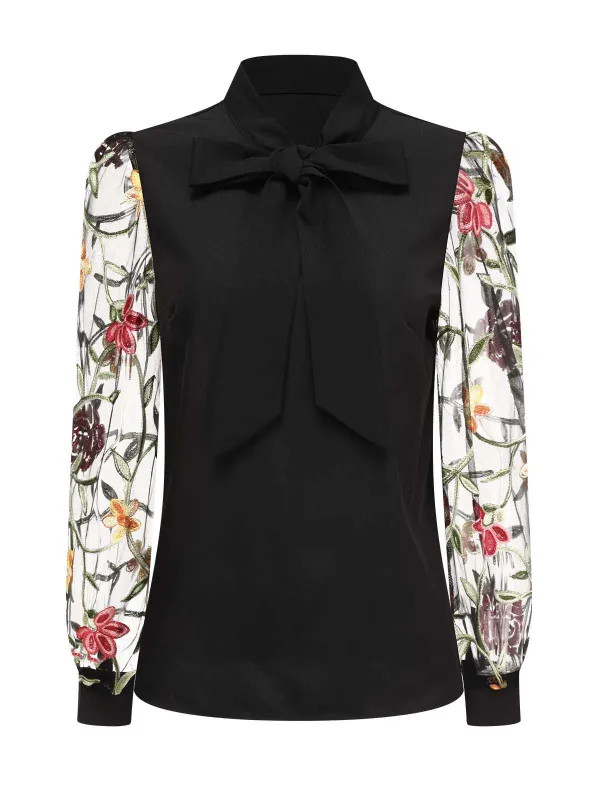 1950s Tie Neck Floral Embroidered Sheer Sleeves Blouse sold by Retro Stage