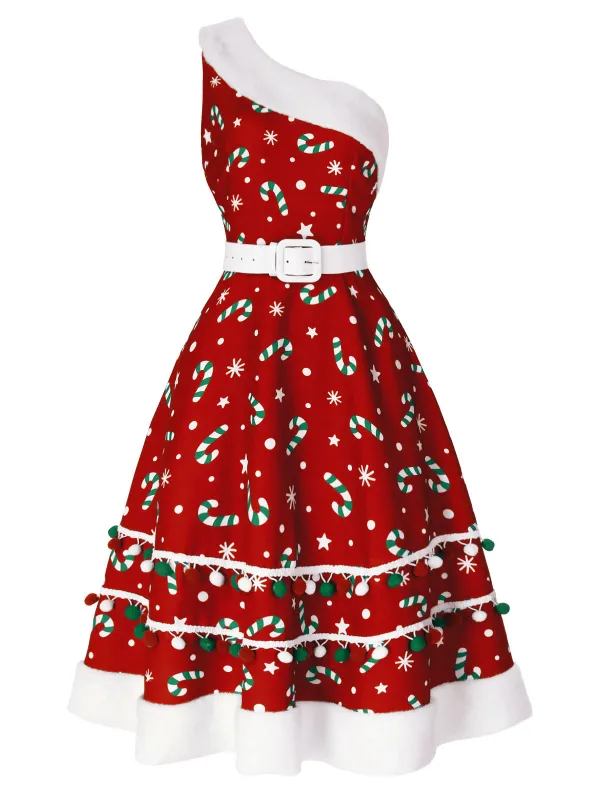 Red 1950s Candy Cane One-Shoulder Dress sold by Retro Stage