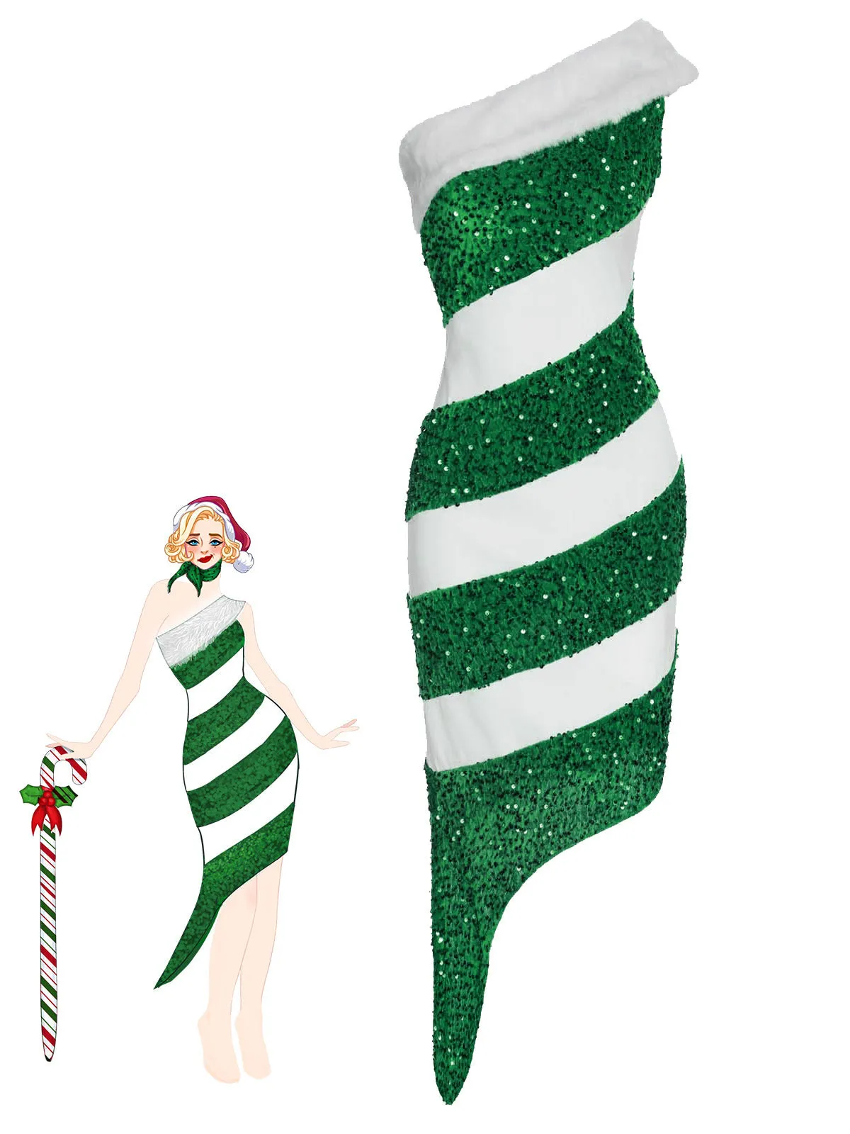 Green 1960s Candy Cane One-Shoulder Dress sold by Retro Stage