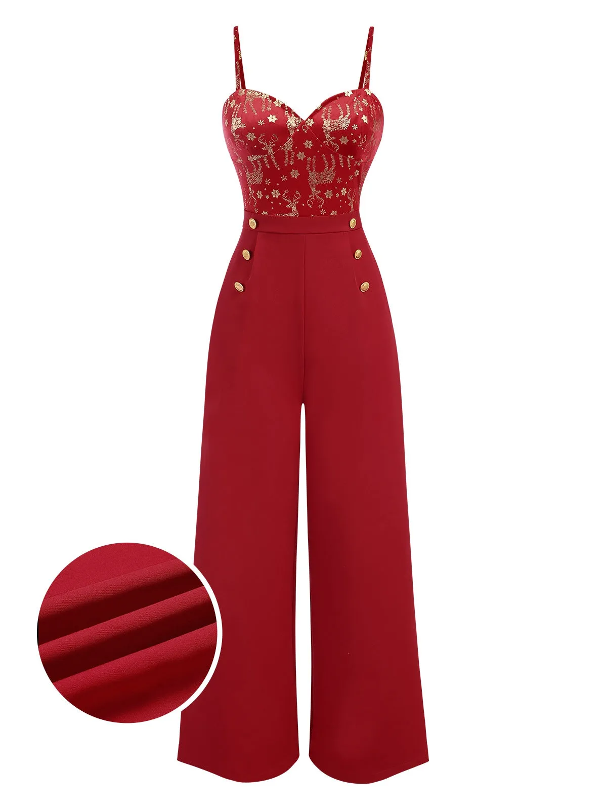 Red 1930s Christmas Elk Gilded Velvet Jumpsuit sold by Retro Stage product image thumbnail 2