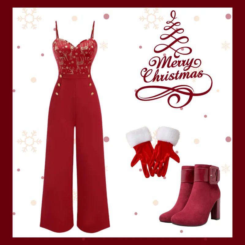Red 1930s Christmas Elk Gilded Velvet Jumpsuit sold by Retro Stage