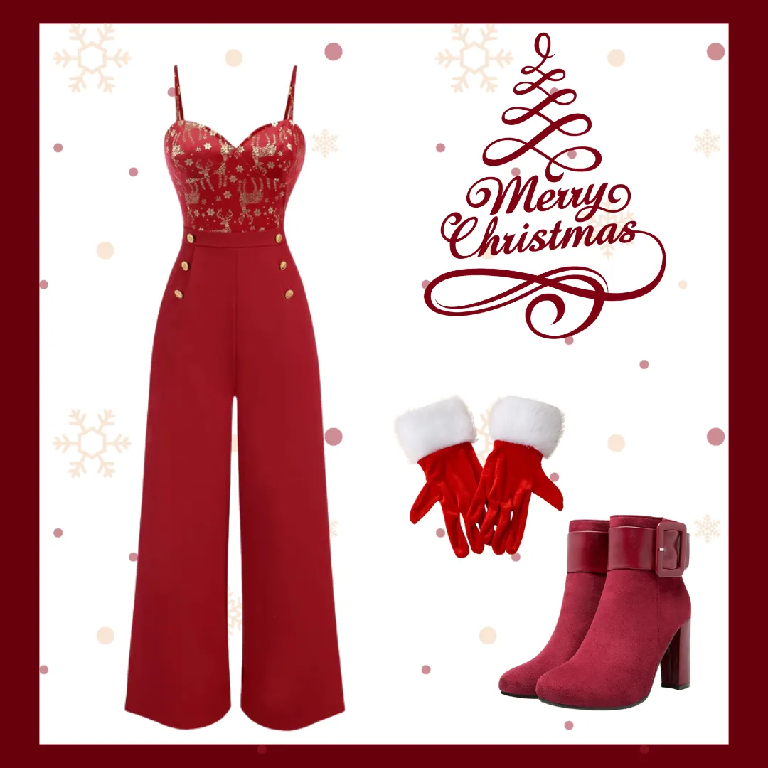 Red 1930s Christmas Elk Gilded Velvet Jumpsuit sold by Retro Stage