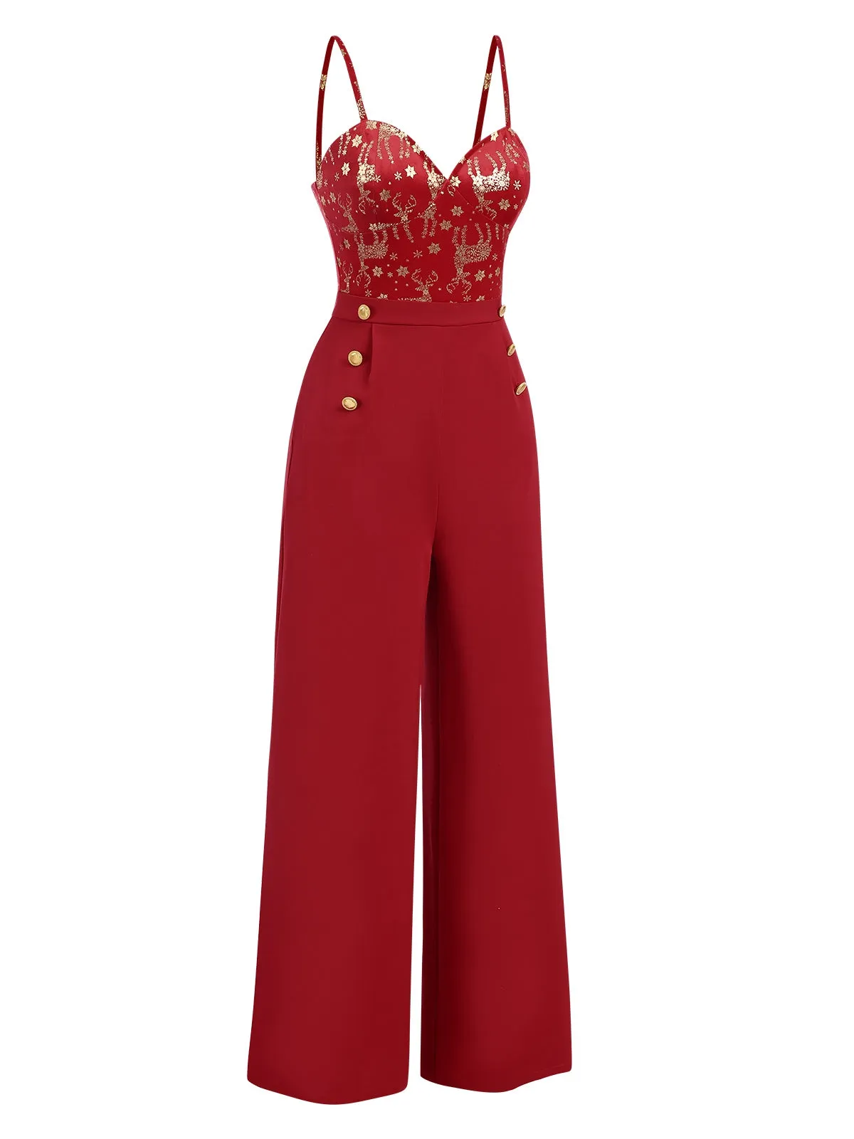 Red 1930s Christmas Elk Gilded Velvet Jumpsuit sold by Retro Stage product image thumbnail 5