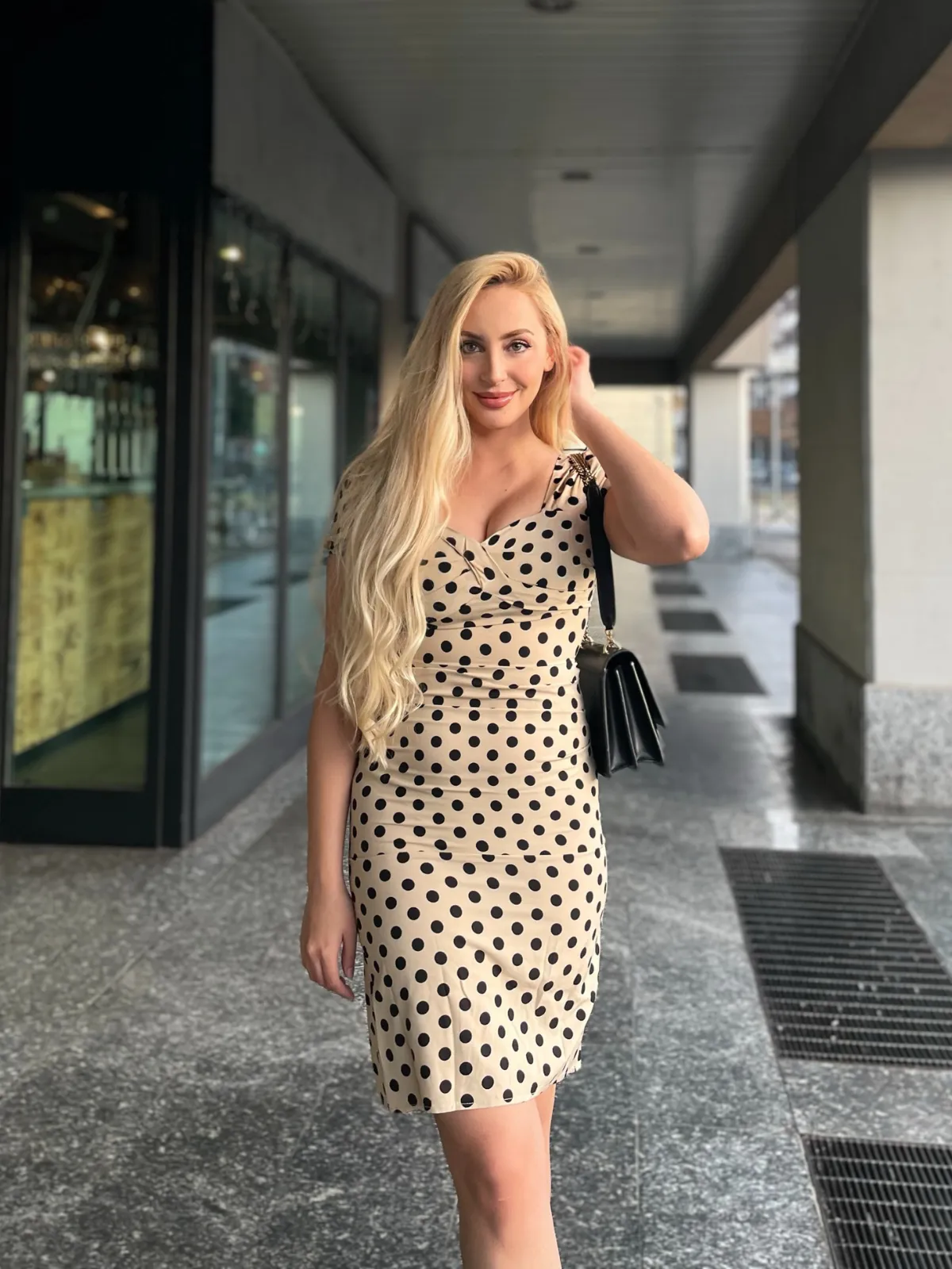 Beige 1960s Polka Dot Square Neck Puff Dress sold by Retro Stage