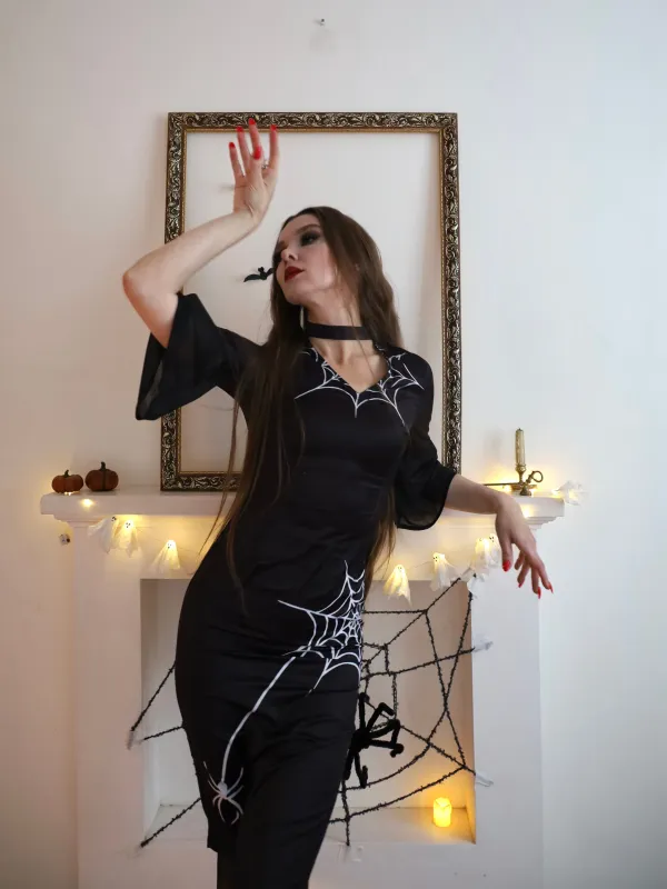 Black 1960s Halloween Spider Net Bell Pencil Dress sold by Retro Stage
