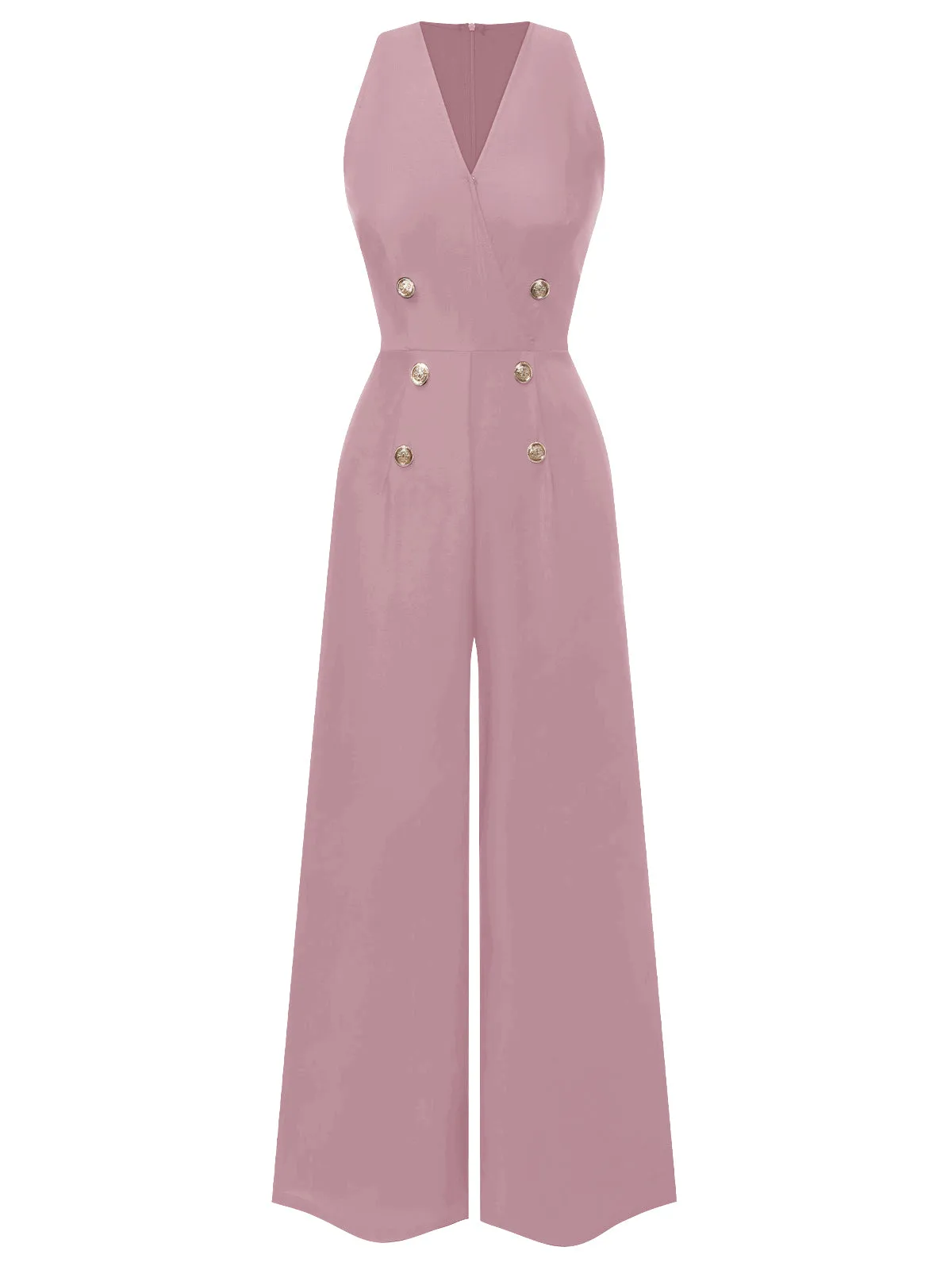 Pink 1950s Sleeveless Buttoned Solid Jumpsuit sold by Retro Stage product image thumbnail 2