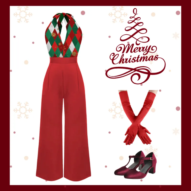 Red 1930s Christmas Plaid Lace Patchwork Jumpsuit sold by Retro Stage