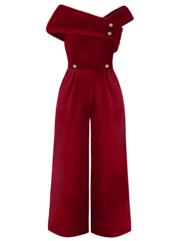 [Plus Size] Red 1950s Velvet Off Shoulder Button Jumpsuit sold by Retro Stage