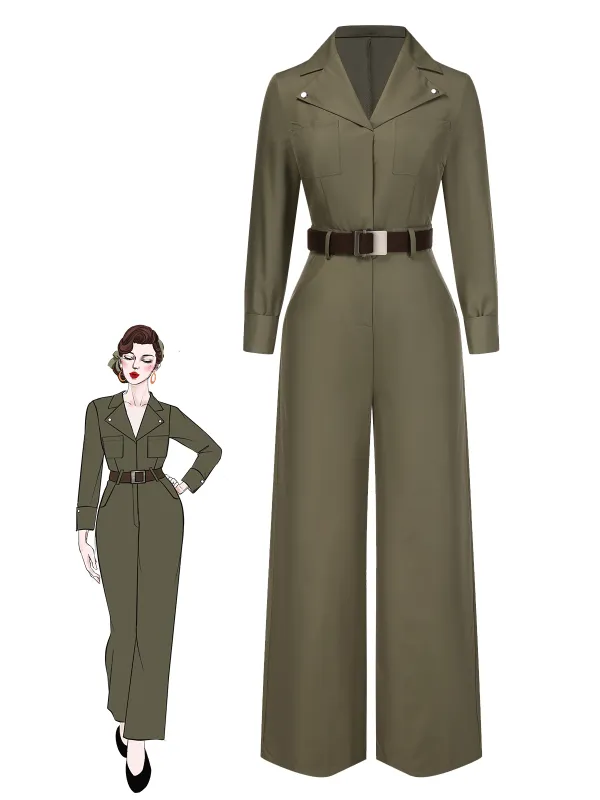 Green 1930s Solid Lapel Belted Jumpsuit sold by Retro Stage