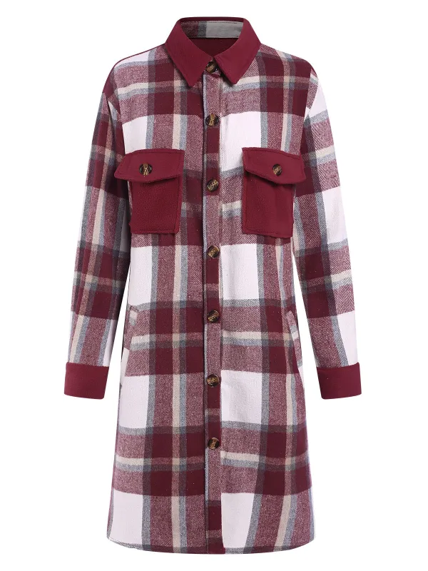 Wine Red 1950s Shirt Collar Tartan Plaid Coat sold by Retro Stage