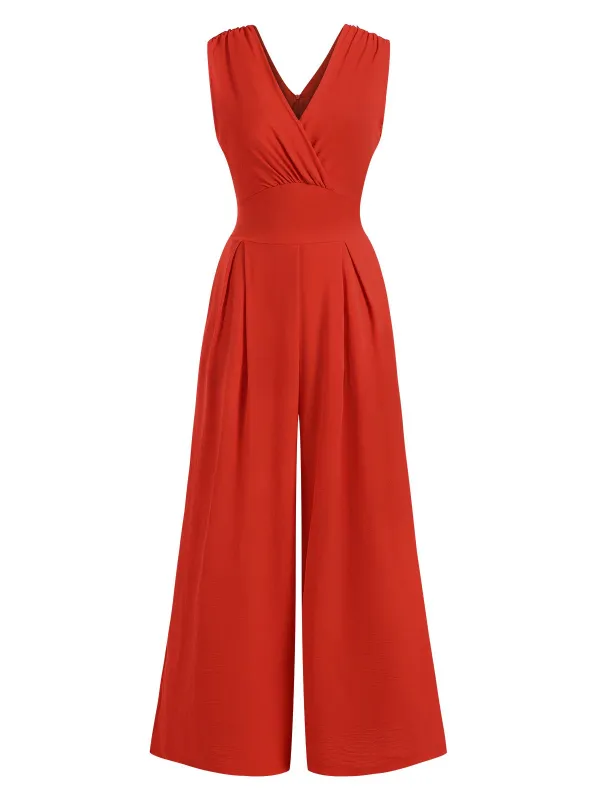 Red 1960s V-Neck Sleeveless Wide Leg Jumpsuit sold by Retro Stage