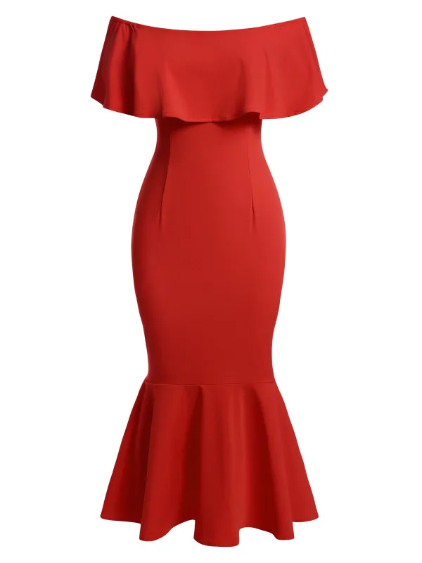Red 1930s Off-Shoulder Ruffles Mermaid Dress sold by Retro Stage