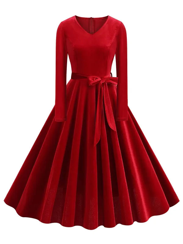 1950s Solid Velvet V-Neck Swing Dress sold by Retro Stage