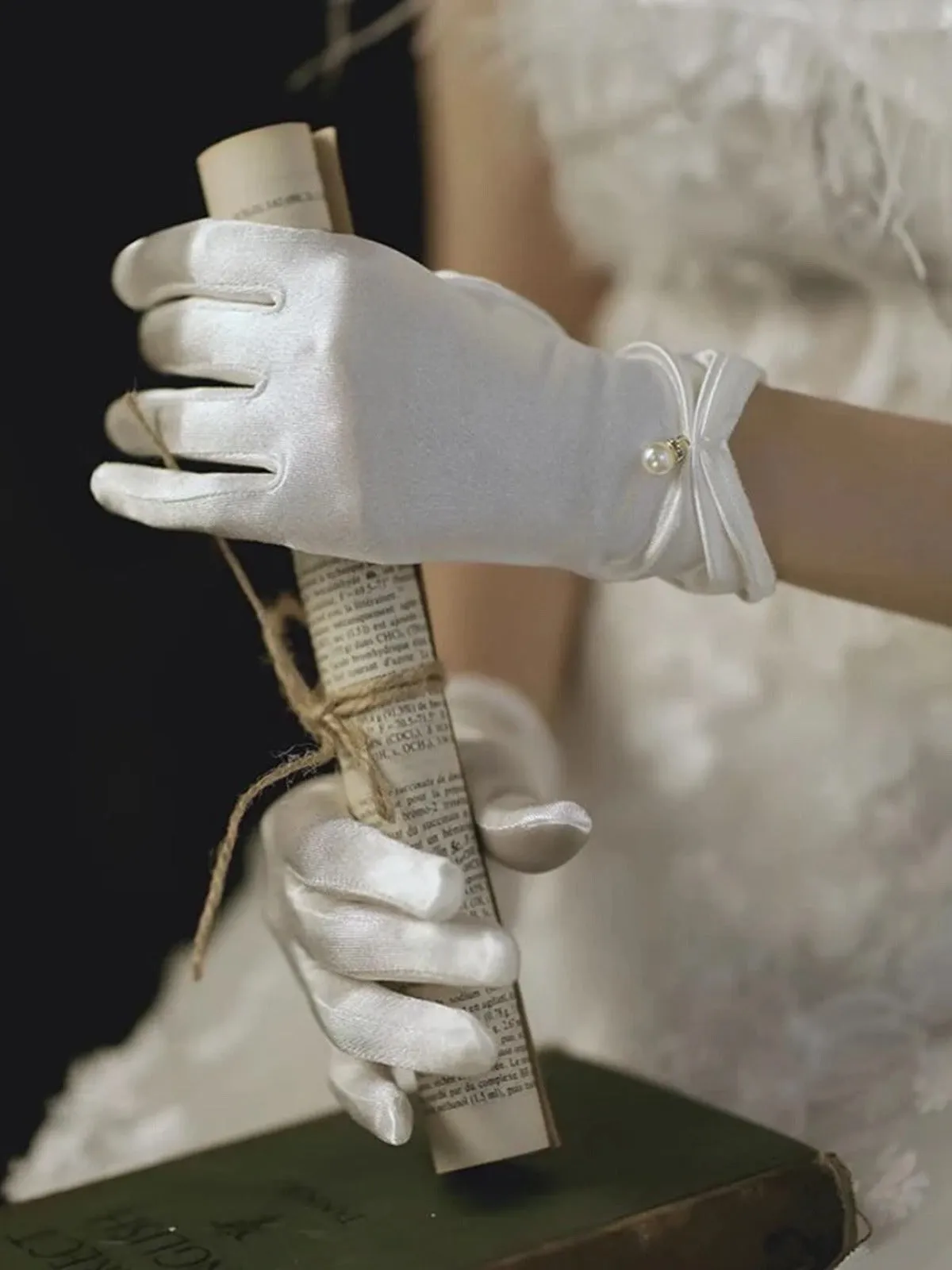 Vintage Solid Pearl Stretch Satin Short Gloves sold by Retro Stage product image thumbnail 5