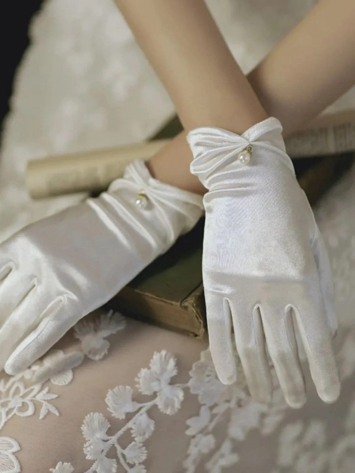 Vintage Solid Pearl Stretch Satin Short Gloves sold by Retro Stage product image thumbnail 4