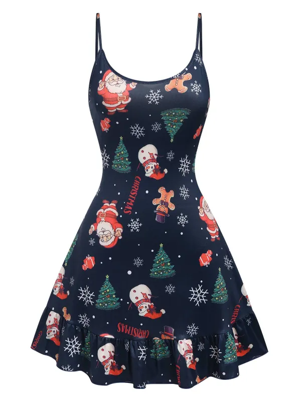 Dark Blue 1940s Christmas Straps Nightgown sold by Retro Stage