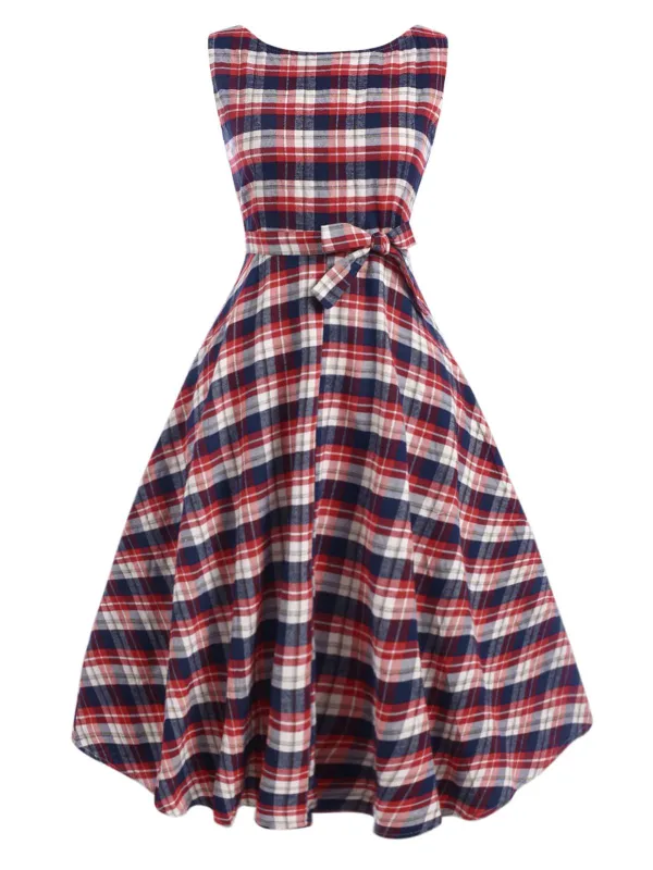 1950s Sleeveless Plaid Belted Swing Dress sold by Retro Stage