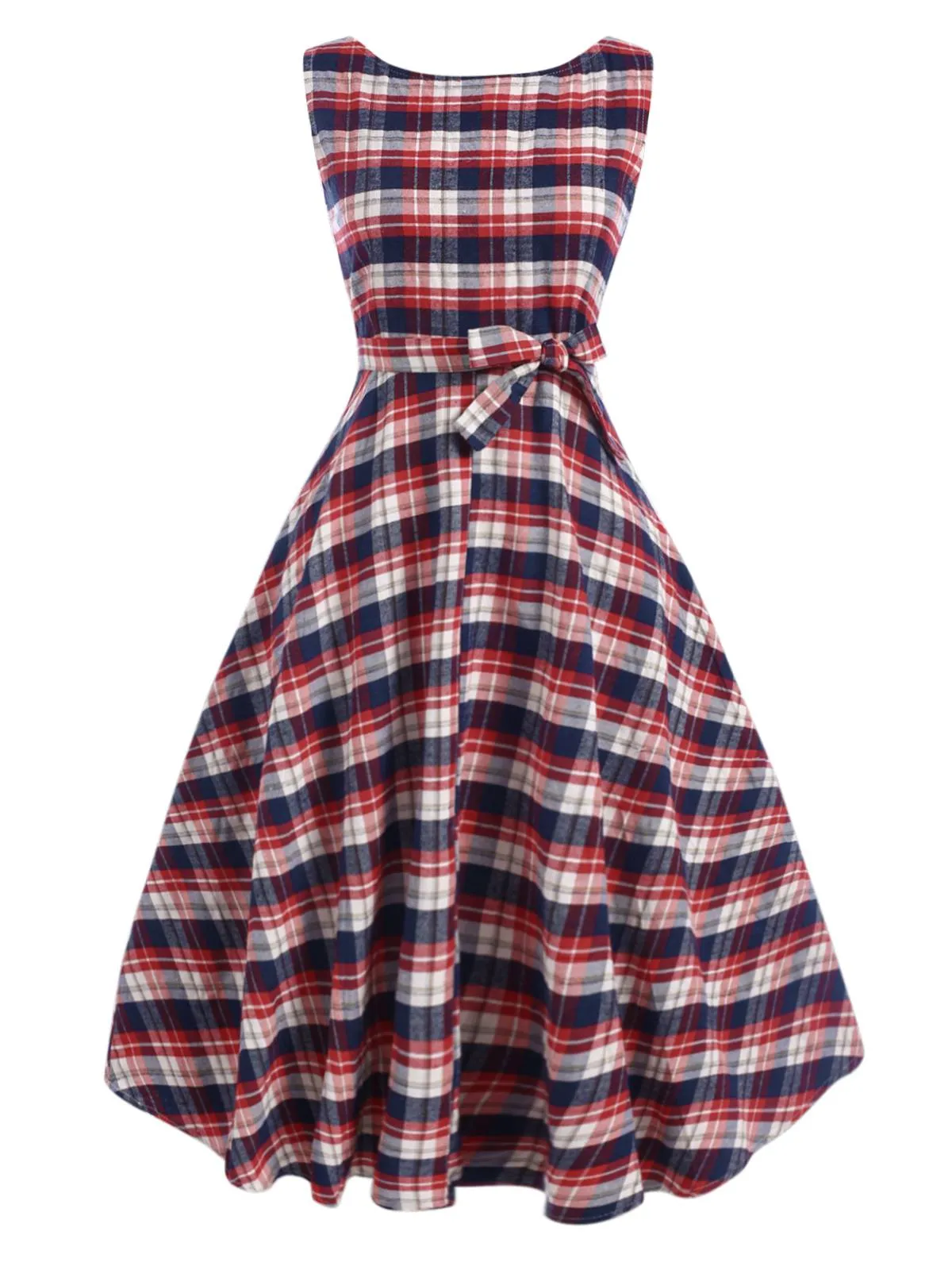1950s Sleeveless Plaid Belted Swing Dress sold by Retro Stage