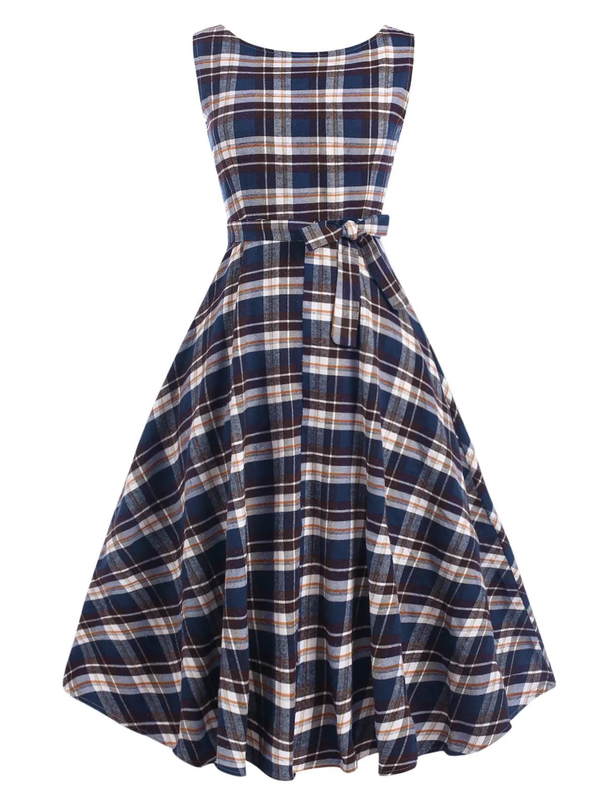 1950s Sleeveless Plaid Belted Swing Dress sold by Retro Stage product image thumbnail 5