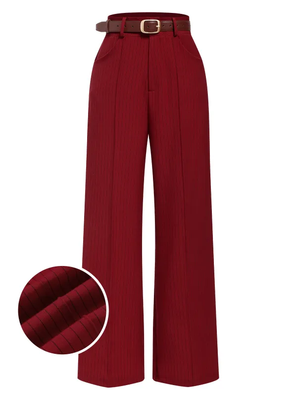 Deep Red 1950s Stripes Wide Leg Belted Pants sold by Retro Stage