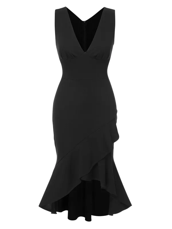 1930s V-Neck Solid Fishtail Bodycon Dress sold by Retro Stage