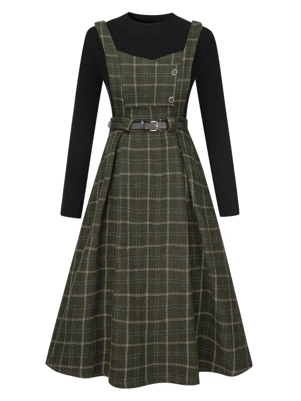 2PCS 1950s Solid Top & Plaids Belted Pinafore Dress sold by Retro Stage