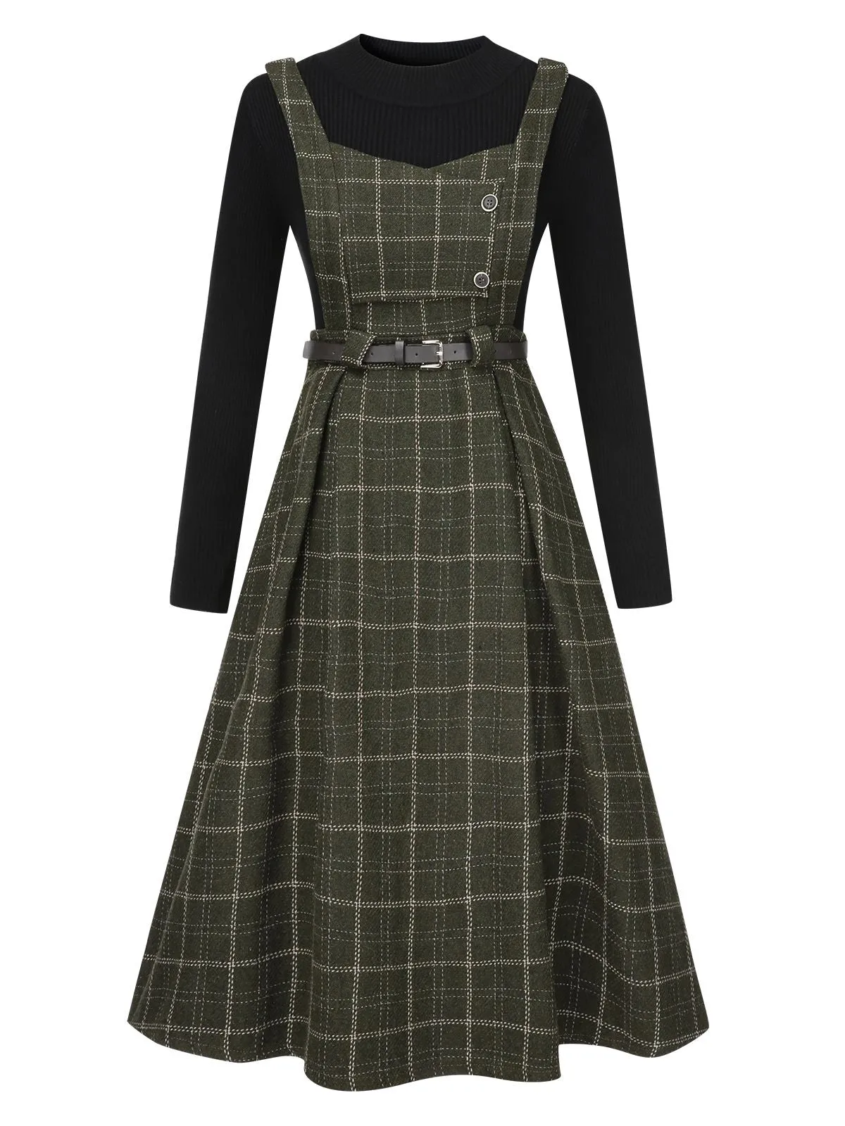 2PCS 1950s Solid Top & Plaids Belted Pinafore Dress sold by Retro Stage