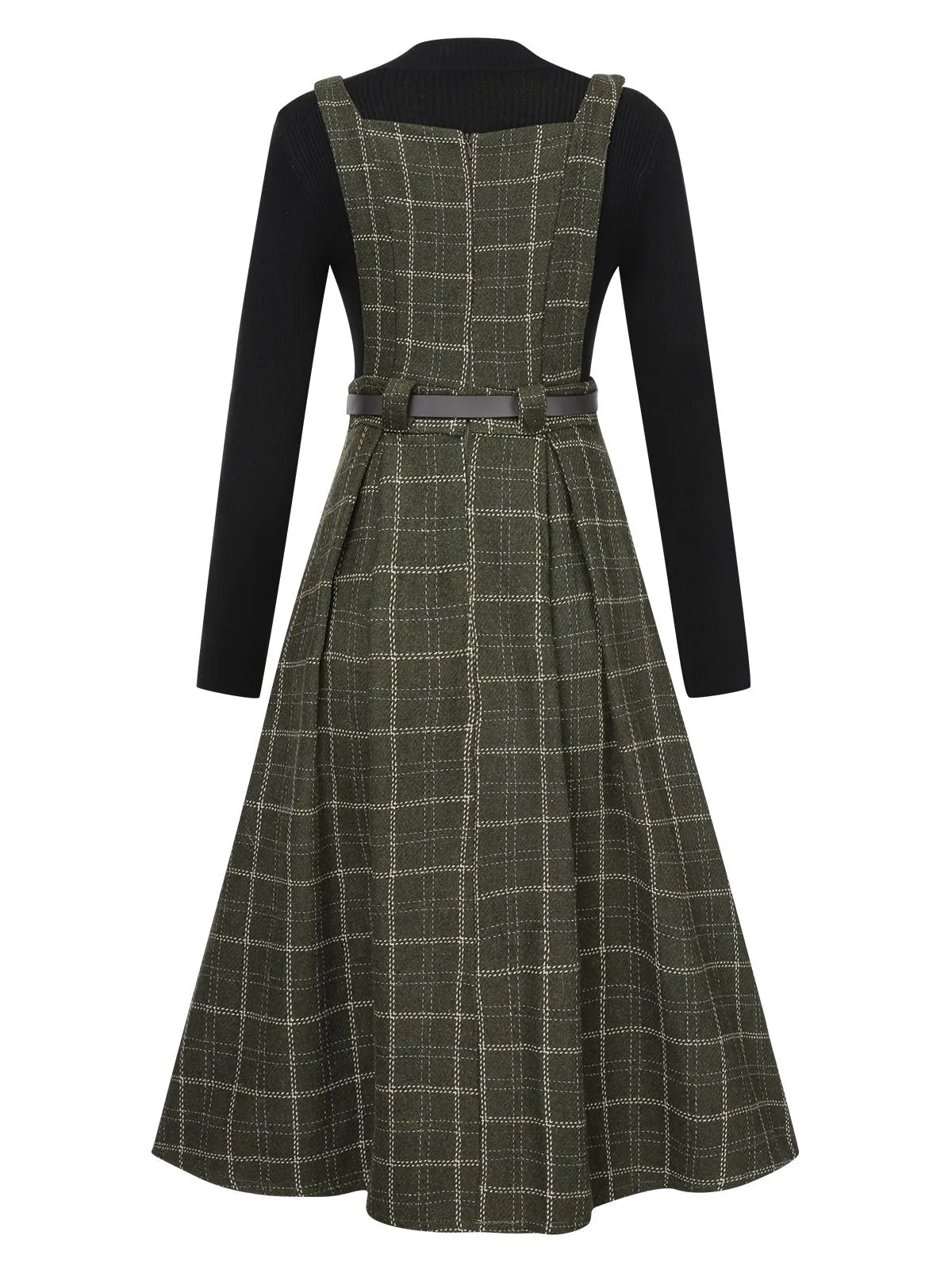 2PCS 1950s Solid Top & Plaids Belted Pinafore Dress sold by Retro Stage product image thumbnail 2