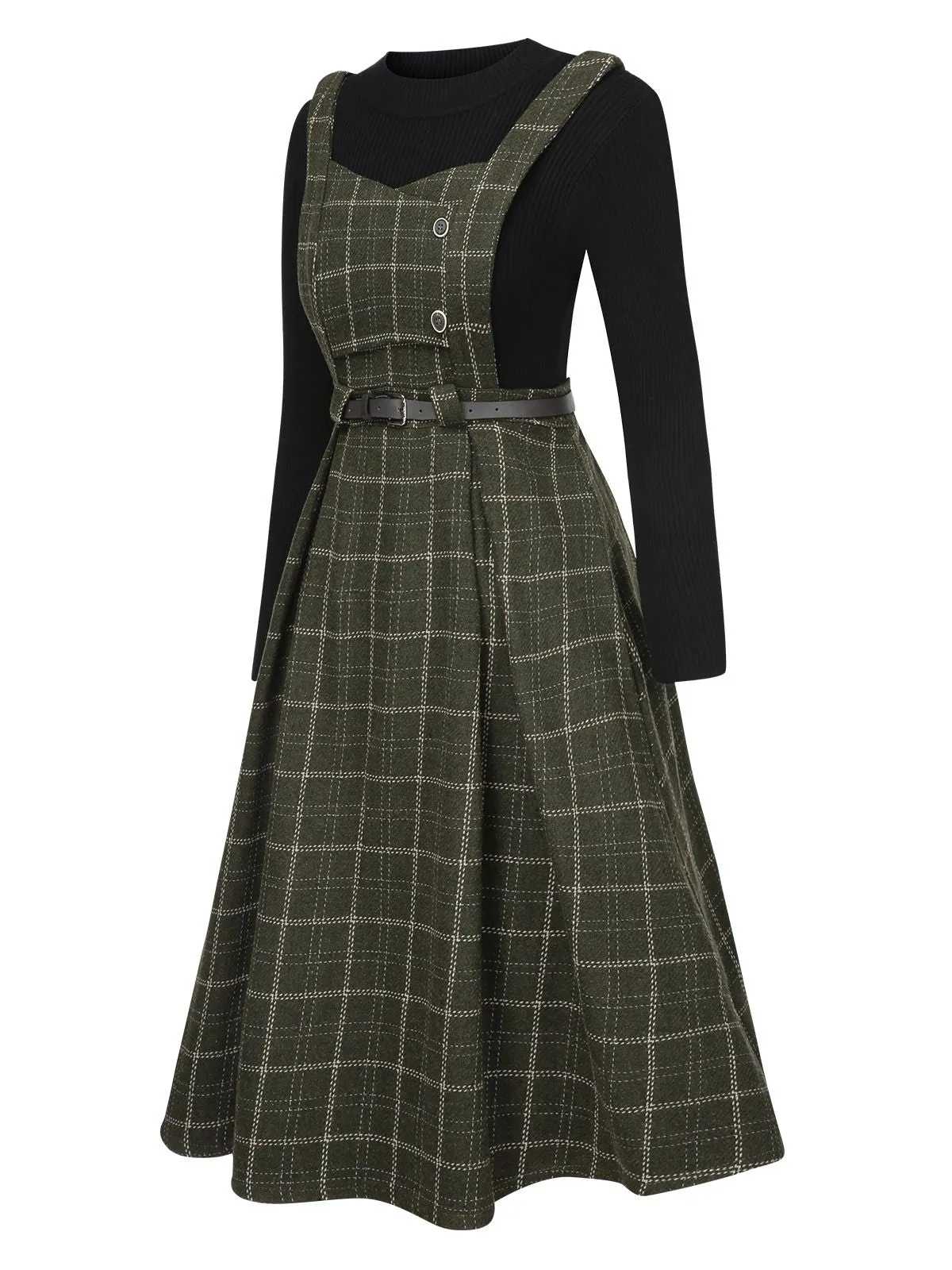 2PCS 1950s Solid Top & Plaids Belted Pinafore Dress sold by Retro Stage product image thumbnail 3