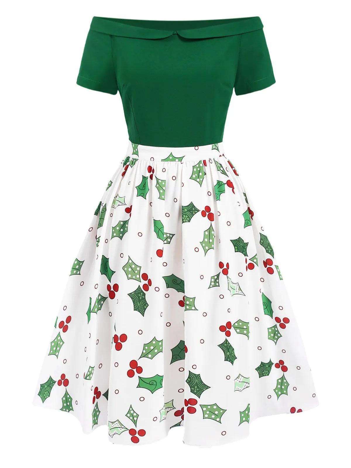 Green 1950s Off-Shoulder Christmas Patchwork Dress sold by Retro Stage product image thumbnail 2