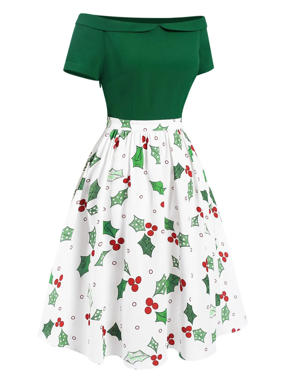 Green 1950s Off-Shoulder Christmas Patchwork Dress sold by Retro Stage product image thumbnail 3