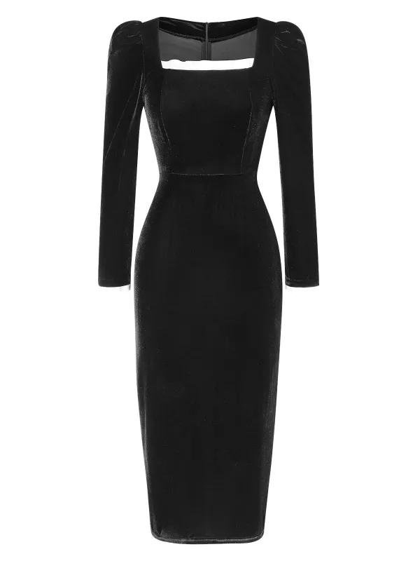 Black 1960s Solid Square Neck Velvet Dress sold by Retro Stage