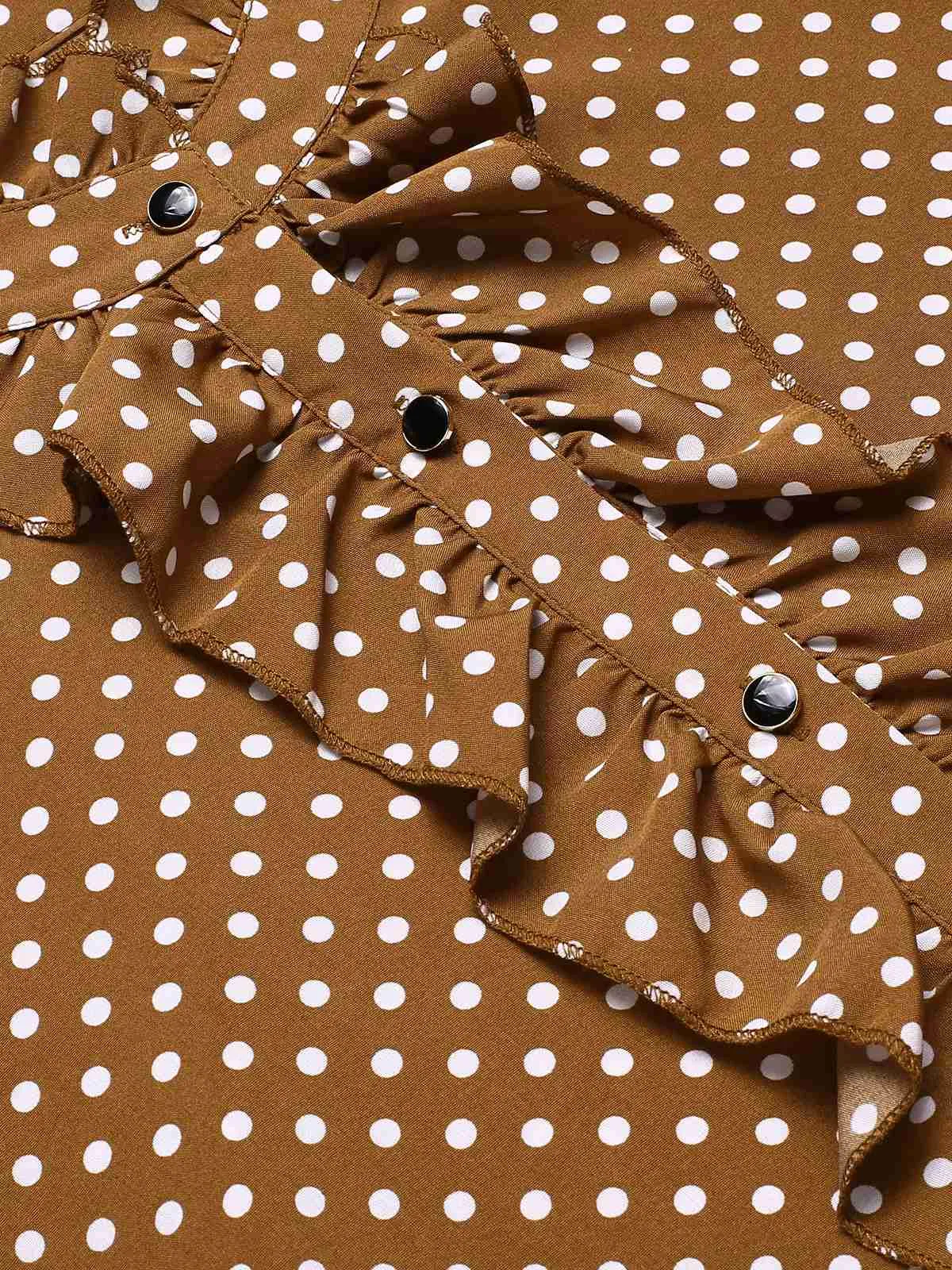 Brown 1950s Dots Ruffle Stand Collar Blouse sold by Retro Stage product image thumbnail 4