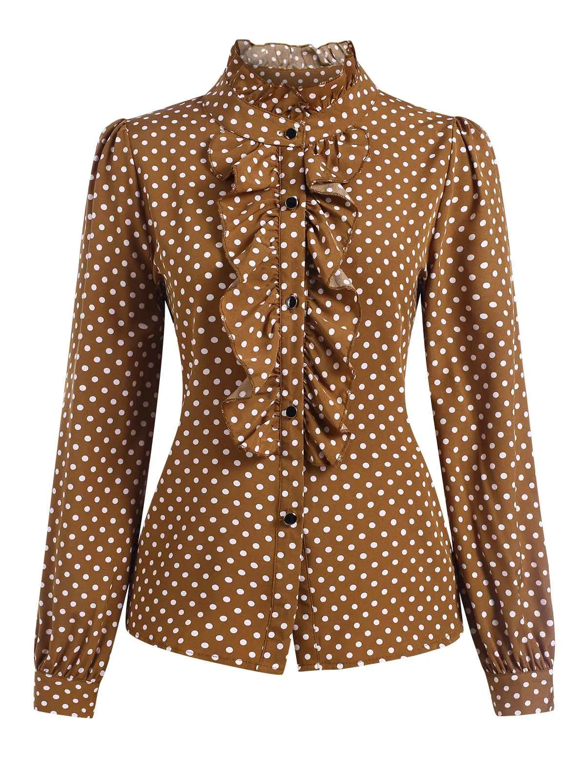 Brown 1950s Dots Ruffle Stand Collar Blouse sold by Retro Stage