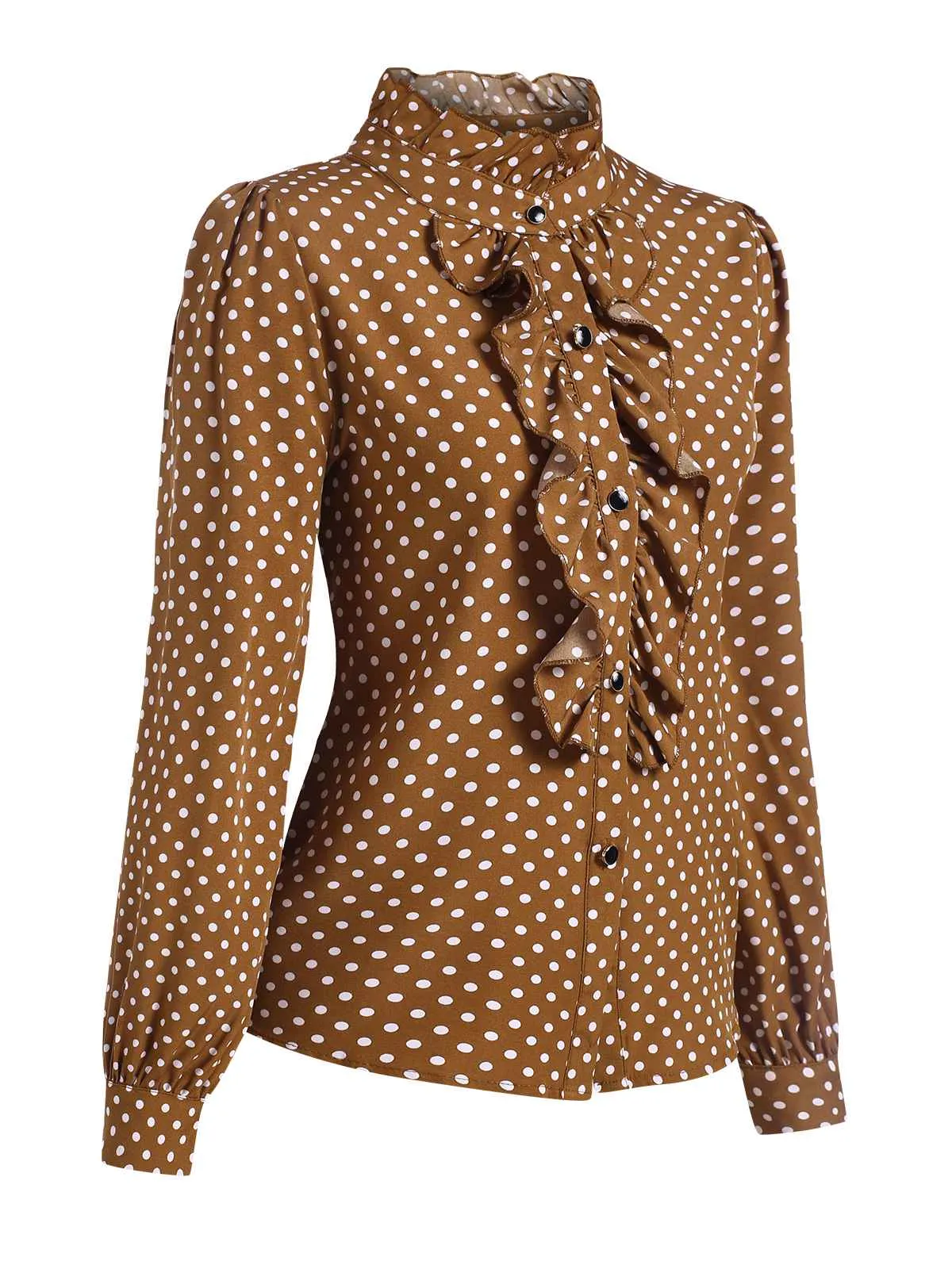 Brown 1950s Dots Ruffle Stand Collar Blouse sold by Retro Stage product image thumbnail 2