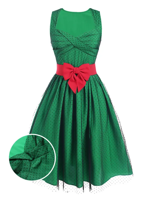 Green 1950s Polka Dot Mesh Patchwork Dress made by Retro Stage