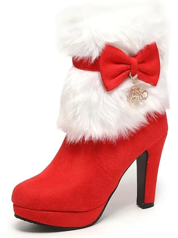 Christmas Flannelette Fur Beading Chunky Heel Boots sold by Retro Stage