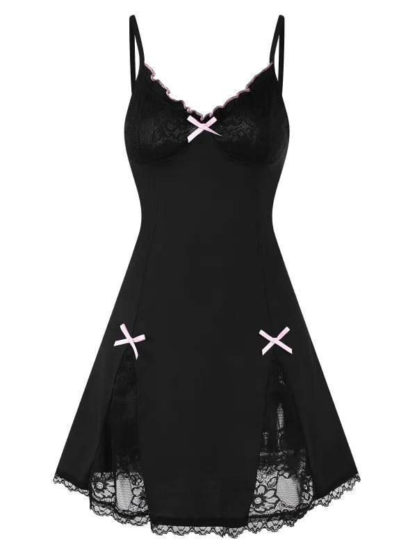 Black 1970s Lace Patchwork Straps Nightgown sold by Retro Stage