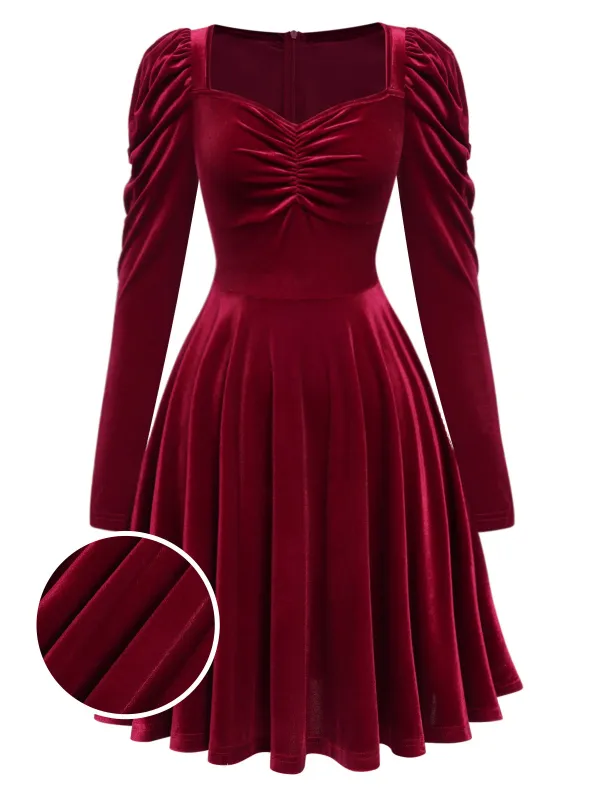 Wine Red 1940s Solid Velvet Puff Dress sold by Retro Stage
